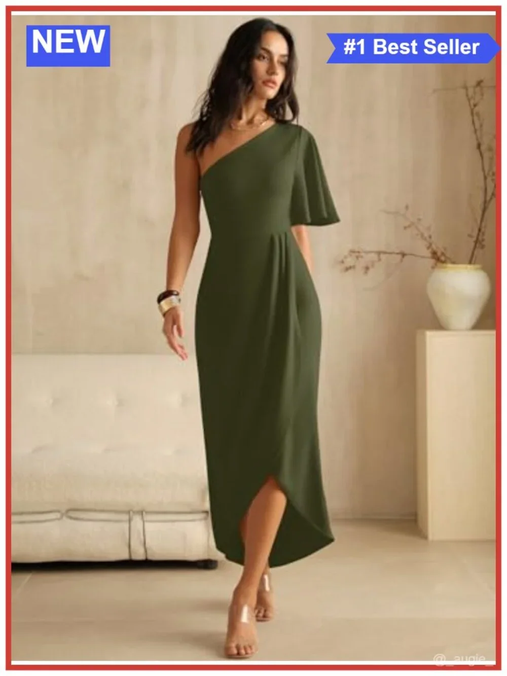 Women's One Shoulder Midi Dress Empire Waist Ruffle Cape Sleeve Side Slit